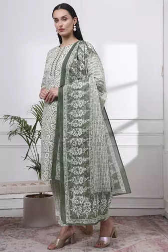 green pure cotton ethnic motifs straight kurta trouser dupatta set
