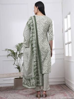 green pure cotton ethnic motifs straight kurta trouser dupatta set 3