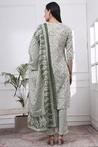 green pure cotton ethnic motifs straight kurta trouser dupatta set