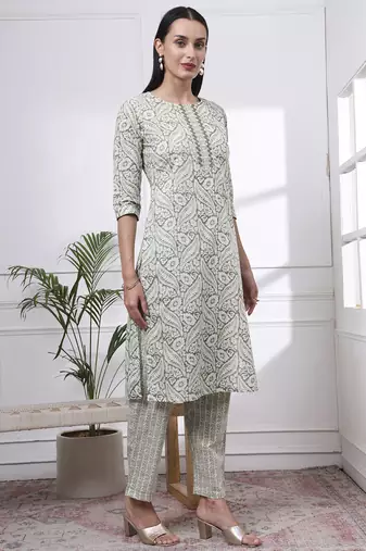 green pure cotton ethnic motifs straight kurta trouser dupatta set