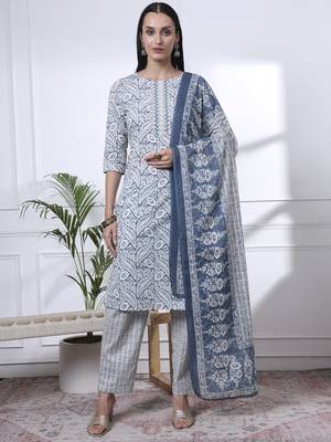 navy blue pure cotton ethnic motifs straight kurta trouser dupatta set 1