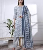 navy blue pure cotton ethnic motifs straight kurta trouser dupatta set