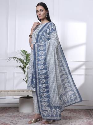 navy blue pure cotton ethnic motifs straight kurta trouser dupatta set 2
