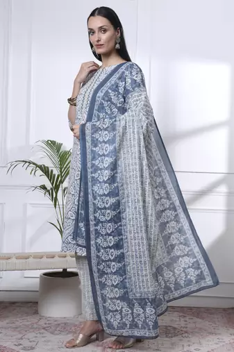 navy blue pure cotton ethnic motifs straight kurta trouser dupatta set