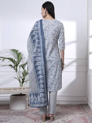 navy blue pure cotton ethnic motifs straight kurta trouser dupatta set 3