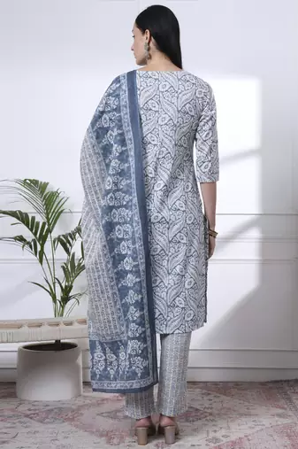 navy blue pure cotton ethnic motifs straight kurta trouser dupatta set