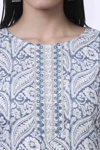 navy blue pure cotton ethnic motifs straight kurta trouser dupatta set