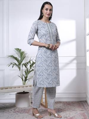 navy blue pure cotton ethnic motifs straight kurta trouser dupatta set 5