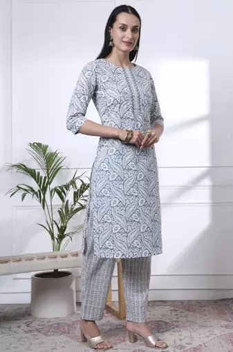 navy blue pure cotton ethnic motifs straight kurta trouser dupatta set