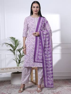 purple pure cotton ethnic motifs straight kurta trouser dupatta set 1