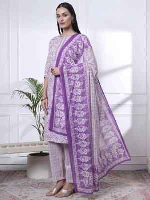 purple pure cotton ethnic motifs straight kurta trouser dupatta set 2