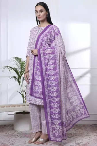 purple pure cotton ethnic motifs straight kurta trouser dupatta set