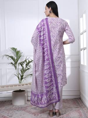 purple pure cotton ethnic motifs straight kurta trouser dupatta set 3