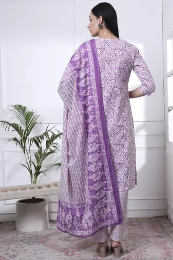 purple pure cotton ethnic motifs straight kurta trouser dupatta set