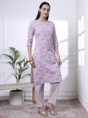 purple pure cotton ethnic motifs straight kurta trouser dupatta set 5