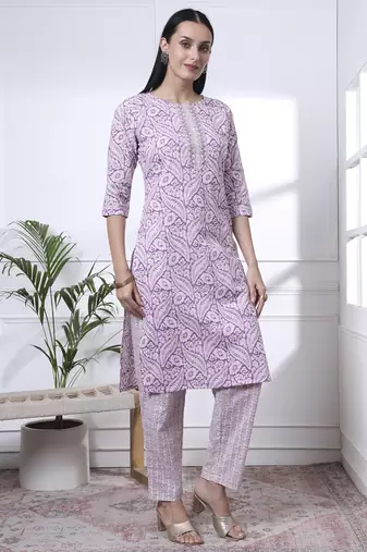 purple pure cotton ethnic motifs straight kurta trouser dupatta set