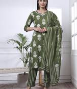 green pure cotton floral,thread work kurta dupatta pant set