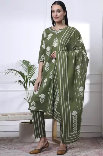 green pure cotton floral,thread work kurta dupatta pant set
