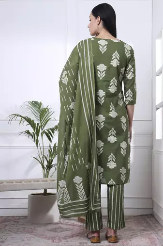 green pure cotton floral,thread work kurta dupatta pant set