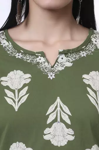 green pure cotton floral,thread work kurta dupatta pant set
