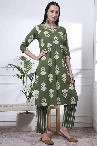 green pure cotton floral,thread work kurta dupatta pant set