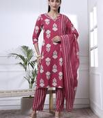 pink pure cotton floral,thread work kurta dupatta pant set