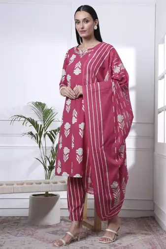 pink pure cotton floral,thread work kurta dupatta pant set