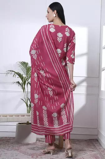pink pure cotton floral,thread work kurta dupatta pant set