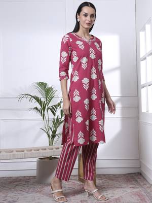 pink pure cotton floral,thread work kurta dupatta pant set 5