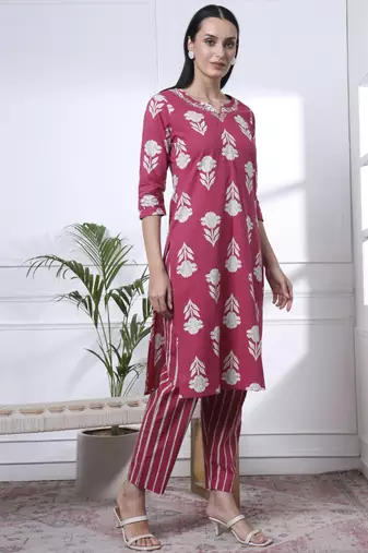 pink pure cotton floral,thread work kurta dupatta pant set