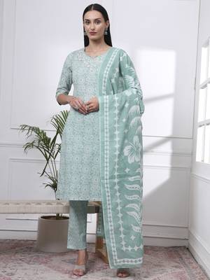 green pure cotton ethnic motifs thread work kurta dupatta pant set 1