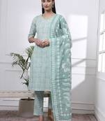 green pure cotton ethnic motifs thread work kurta dupatta pant set