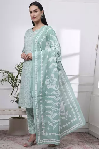 green pure cotton ethnic motifs thread work kurta dupatta pant set