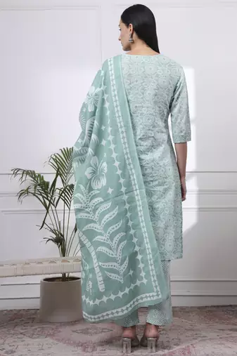 green pure cotton ethnic motifs thread work kurta dupatta pant set