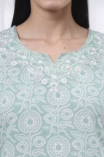 green pure cotton ethnic motifs thread work kurta dupatta pant set