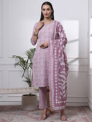 mauve pure cotton ethnic motifs thread work kurta dupatta pant set 1