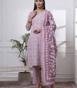 mauve pure cotton ethnic motifs thread work kurta dupatta pant set