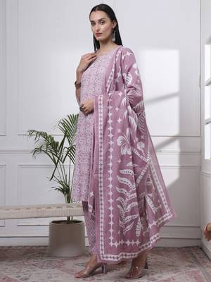 mauve pure cotton ethnic motifs thread work kurta dupatta pant set 2