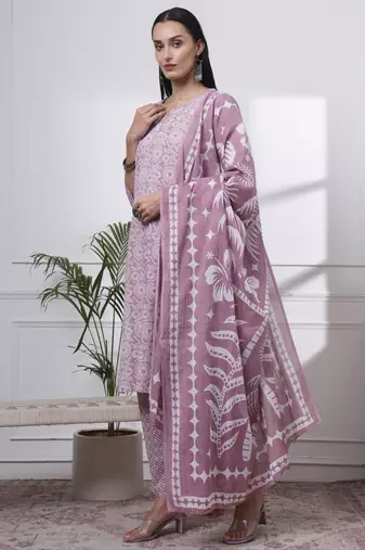 mauve pure cotton ethnic motifs thread work kurta dupatta pant set