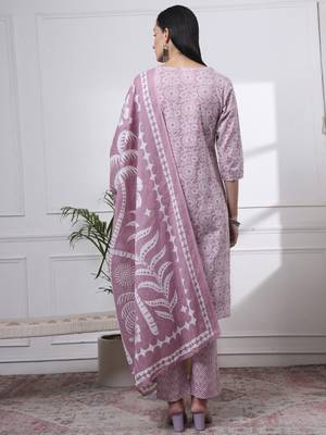 mauve pure cotton ethnic motifs thread work kurta dupatta pant set 3