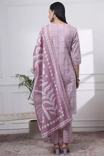 mauve pure cotton ethnic motifs thread work kurta dupatta pant set