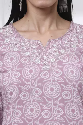 mauve pure cotton ethnic motifs thread work kurta dupatta pant set