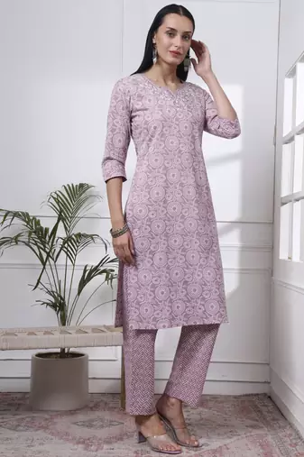 mauve pure cotton ethnic motifs thread work kurta dupatta pant set