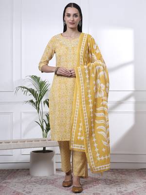 yellow pure cotton ethnic motifs thread work kurta dupatta pant set 1