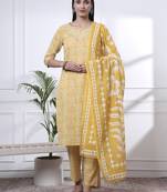 yellow pure cotton ethnic motifs thread work kurta dupatta pant set