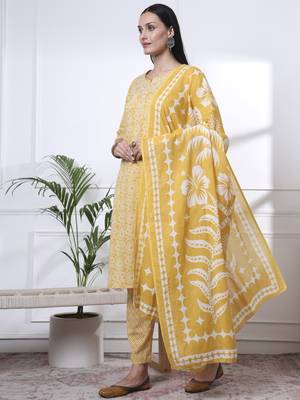 yellow pure cotton ethnic motifs thread work kurta dupatta pant set 2