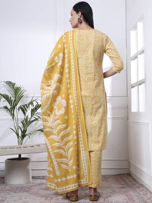 yellow pure cotton ethnic motifs thread work kurta dupatta pant set 3