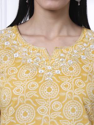 yellow pure cotton ethnic motifs thread work kurta dupatta pant set 4