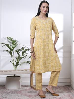 yellow pure cotton ethnic motifs thread work kurta dupatta pant set 5