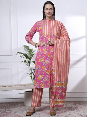 pink pure cotton floral,sequins work kurta dupatta pant set 1